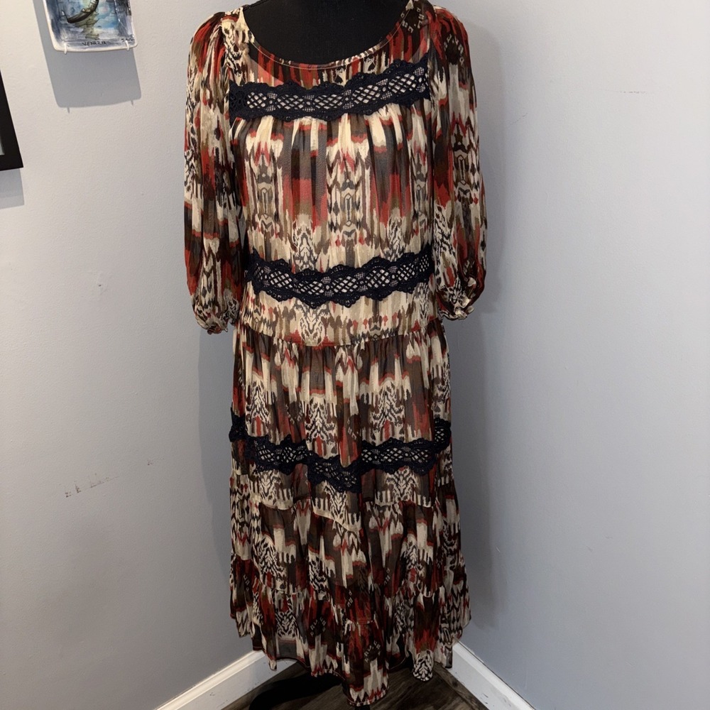 Sundance Autumnal Dreams Midi Dress Brown Southwestern Tiered Boho Small Petite
